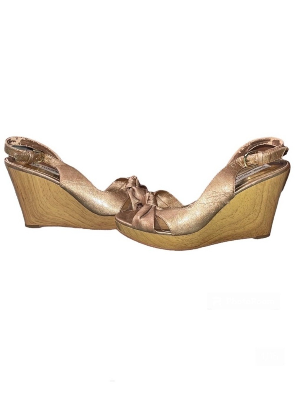 Steve Madden Lolita Bronze Metallic Platform Faux Wood Wedges - Size 8